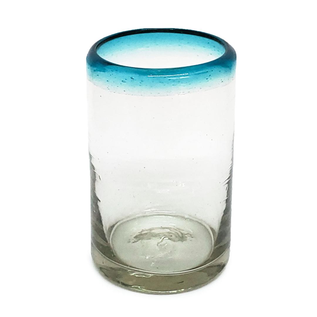 Vasos de Vidrio Soplado / Juego de 6 vasos para jugo con borde azul aqua / stos vasos tienen el tamao exacto para disfrutar jugo fresco de frutas por la maana.